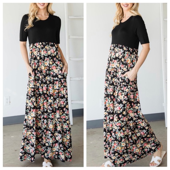 BOHO FLORAL COLOR BLOCK MAXI DRESS - Picture 4 of 6
